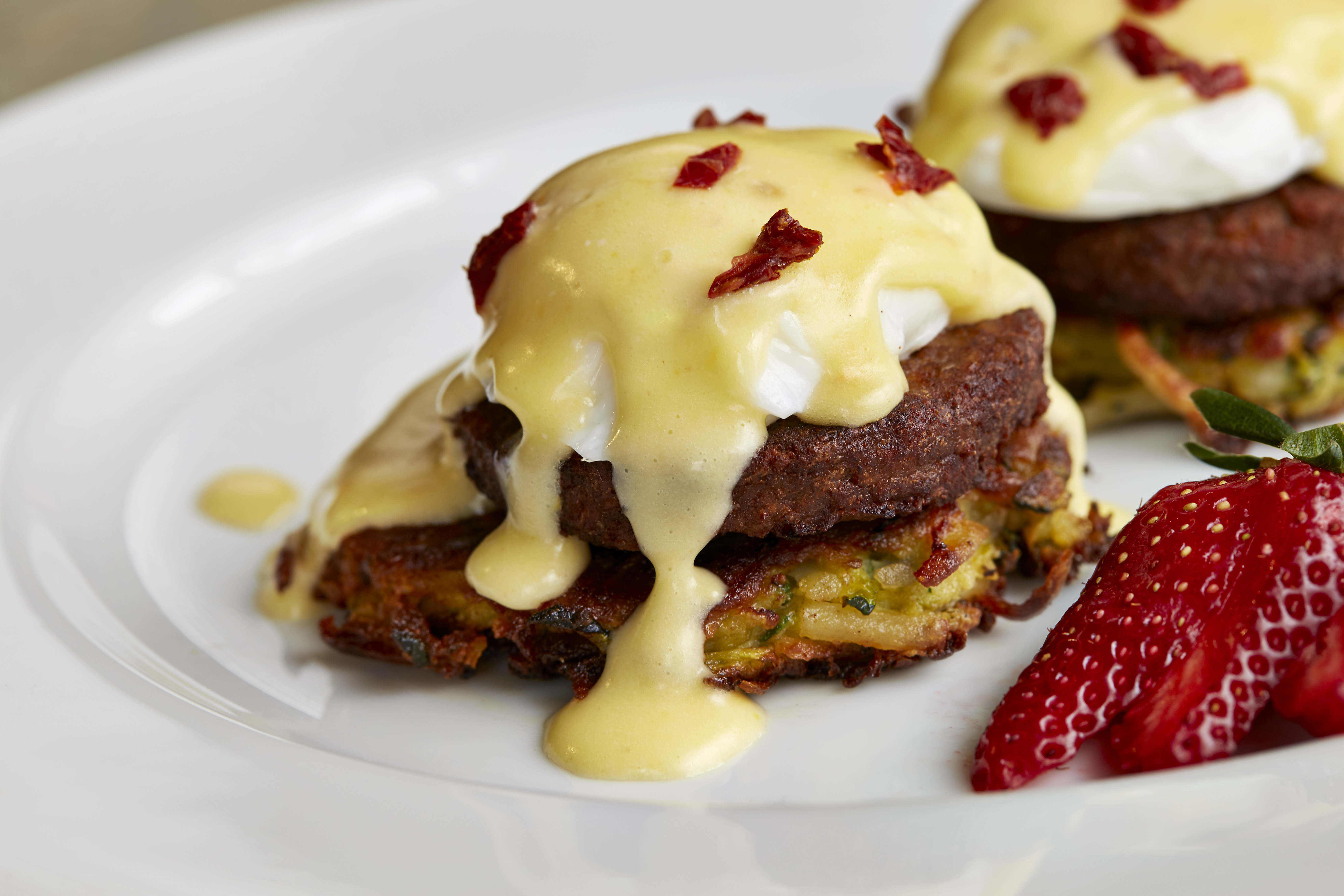 Eggs Benedict with Veggie Sausage and Zucchini Potato Cakes