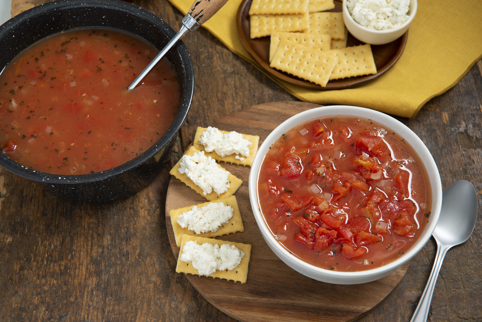 Mediterranean Tomato Soup with Feta Topped Crackers