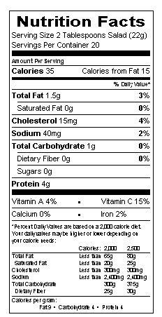 Nutritional Information Table