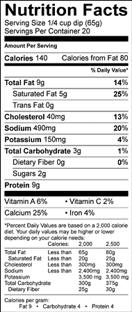 Nutritional Information Table