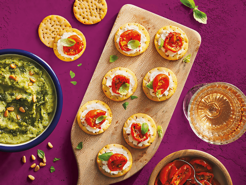 Toasteds® Crackers topped with Ricotta & Sun-dried Tomatoes