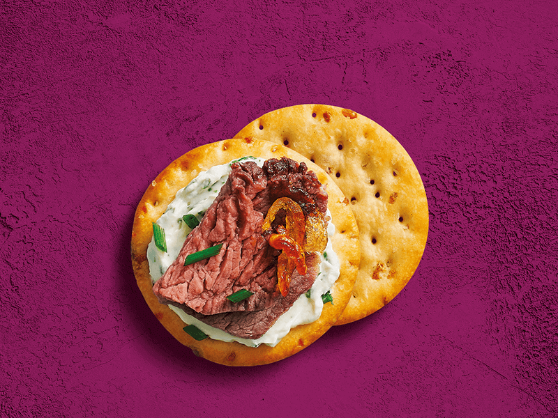 Toasteds® Crackers topped with Roast Beef & Caramelized Onion