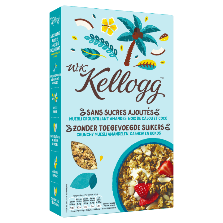 W. K. Kellogg Zoner Toegevoegde Suikers* Crunchy Muesli Amandelen, Cashew en Cocos