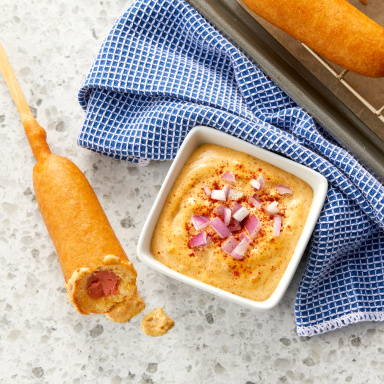 Corn Dogs with Mustard-Onion Sauce