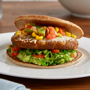 White Bean Chili Burger with Pico De Gallo and Guacamole